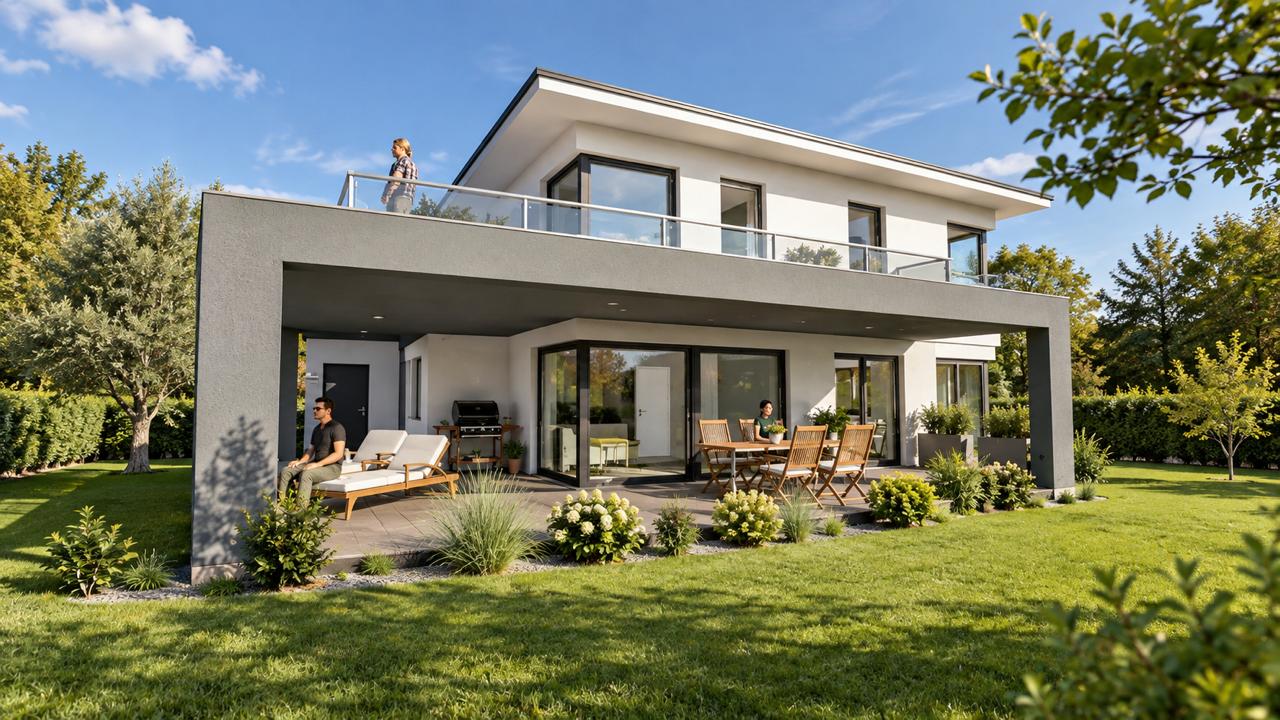 Modernes Wohnhaus mit überdachter Terrasse, Balkon und Garten